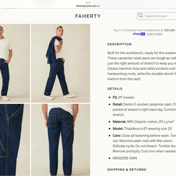 New Faherty Men's Blue Carpenter Jeans